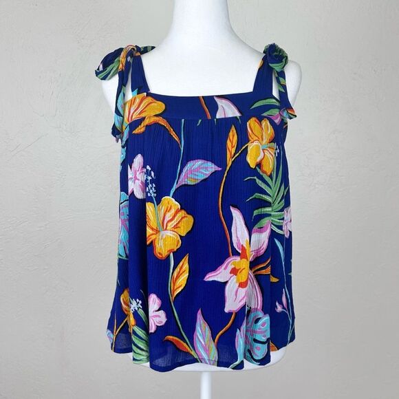 Tori Richard Tie Shoulder Hawaiian Print Belise Tank Top in Sailor Blue Size M - Picture 1 of 10